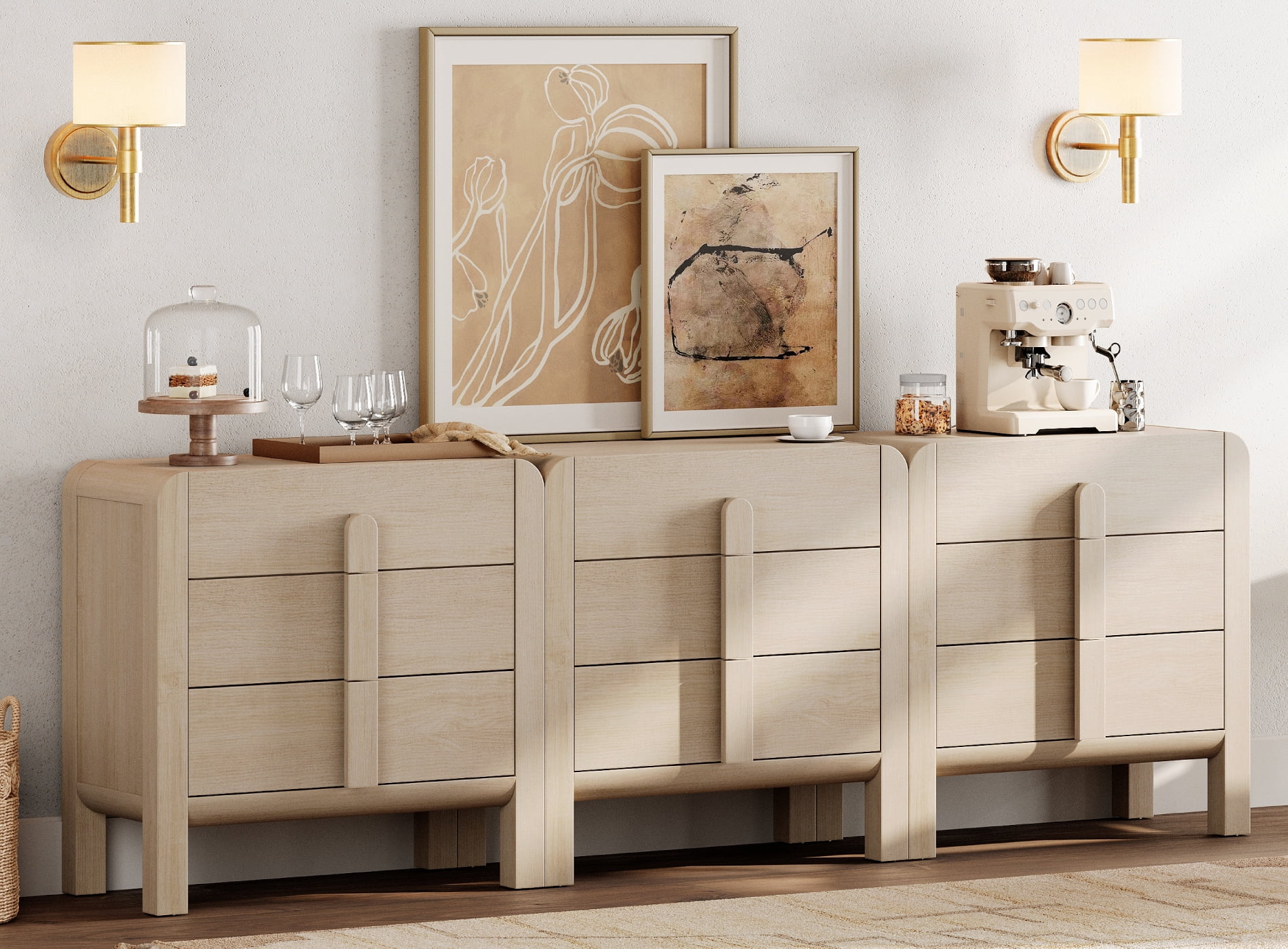Modern 9 Drawer Dresser TV Stand for TVs up to 100 Inch, Cruved Entertainment Center, Wood TV Console with Storage for Living Room