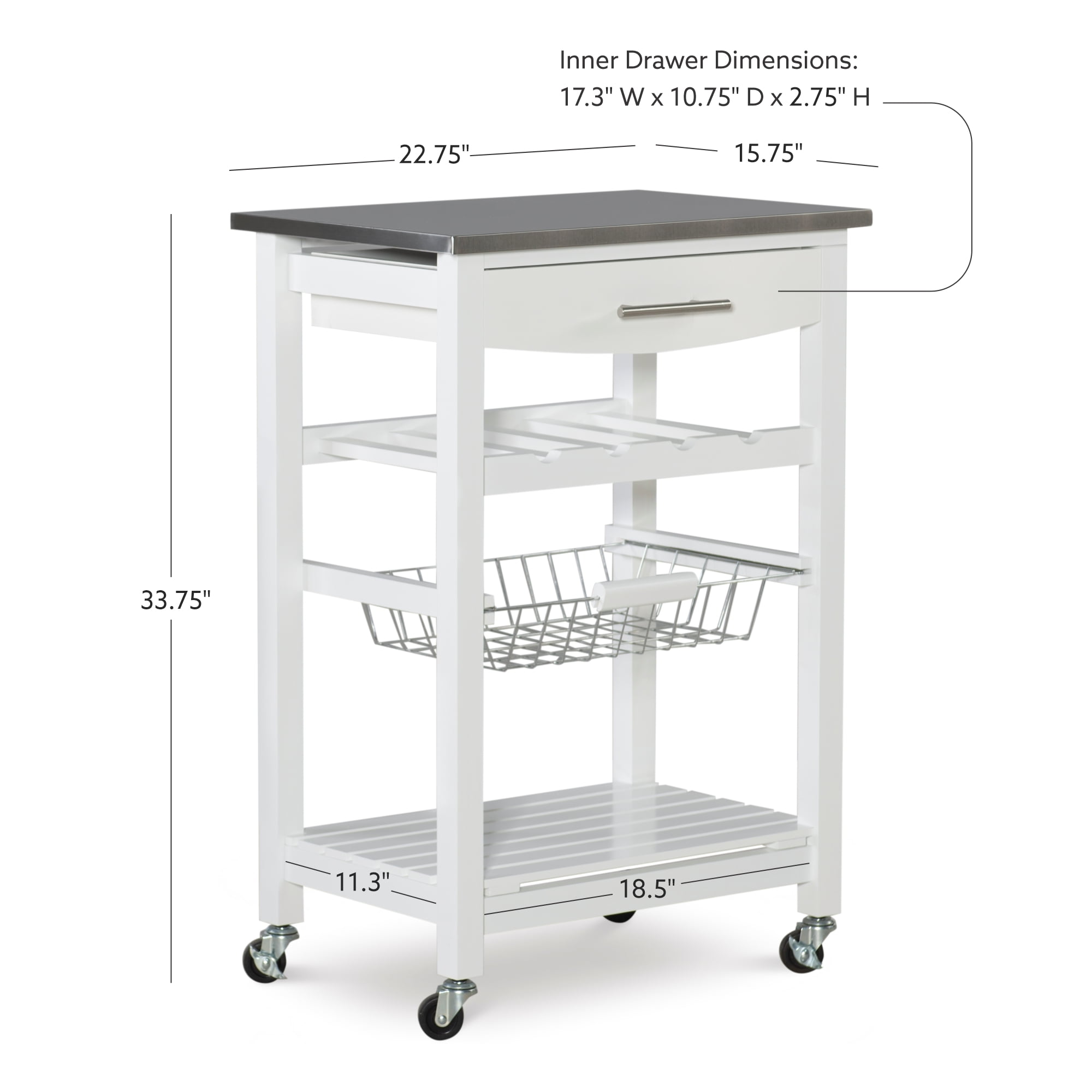 Linon Corbari 4-Tier Mobile Serving Cart with Stainless Steel Top, 22.75" Length, White
