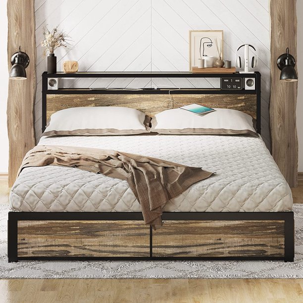 LIKIMIO Queen Bed Frame with Storage Drawer, 2Tier Storage Headboard