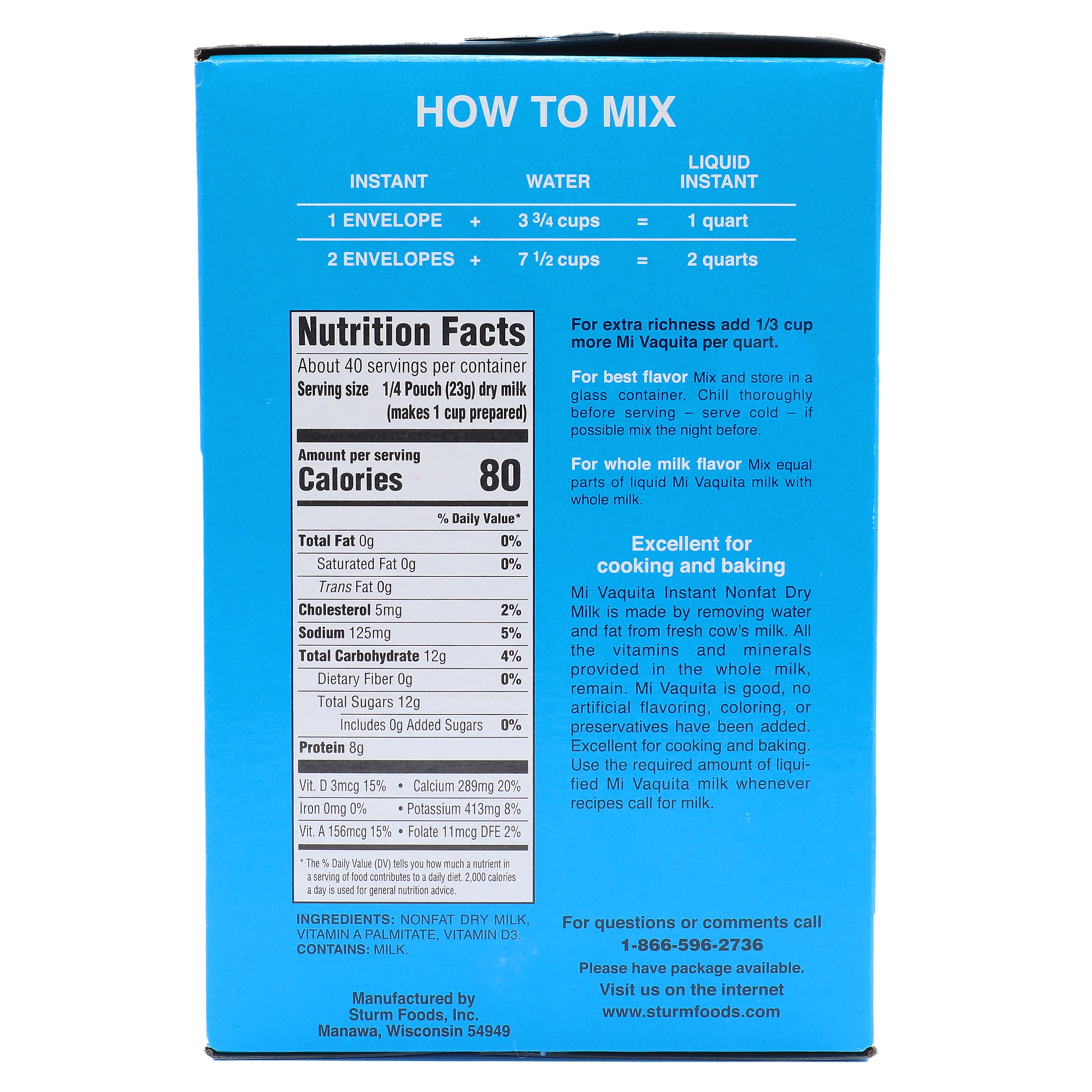 Sturms Food Leche Mi Vaquita, Instant Powdered Non-Fat Milk, 3.2 oz. Pouch, 10 Quarts