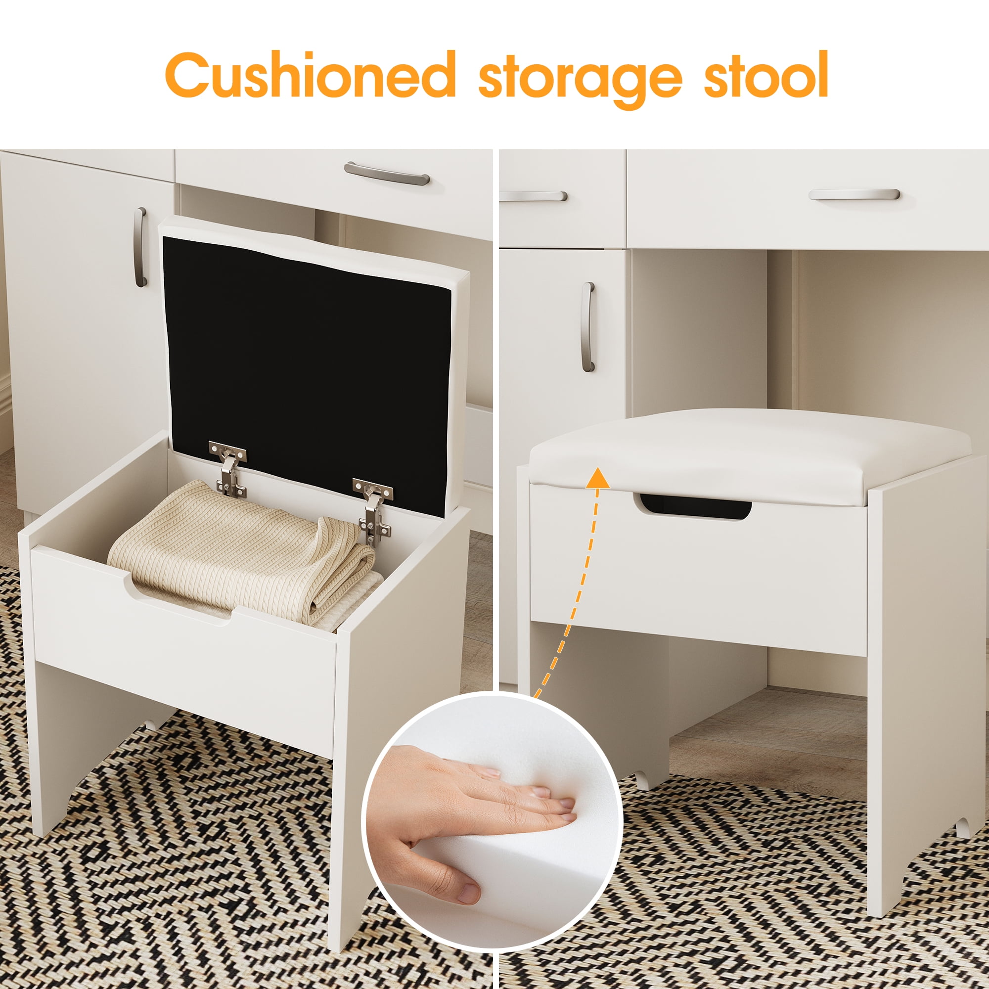 VEANERWOOD Vanity Desk Set with 3 Color Lighted Mirror, Makeup Table with Comfortable Cushioned Stool, Dressing Table Set with 3 Storage Compartments & Large Drawers, White