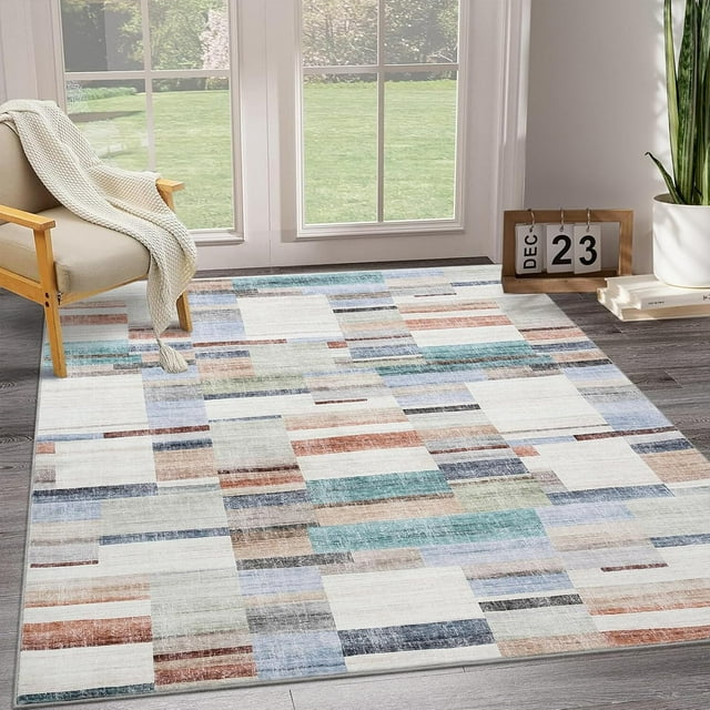 Aoile 8x10 Area Rug Washable Rug, Soft Abstract Checkered Rug for Bedroom, Non Slip Stain Resistant Throw Carpet, Multi