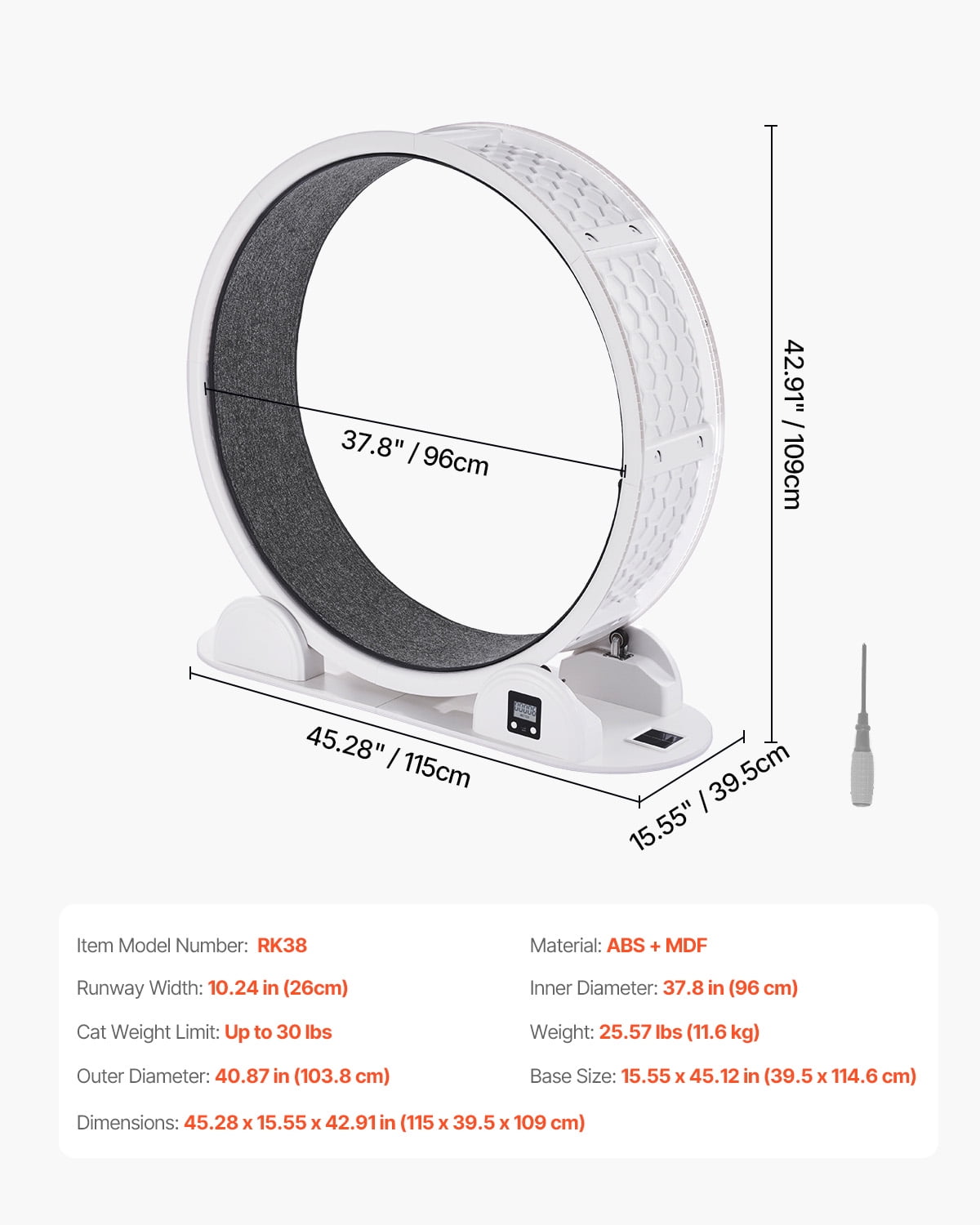 KFFKFF 40.8" Cat Exercise Wheel, Silent Cat Treadmill for Felines Below 30lbs, Feline Jogging Wheel equipped with Brake & Carpeted Pathway (White)