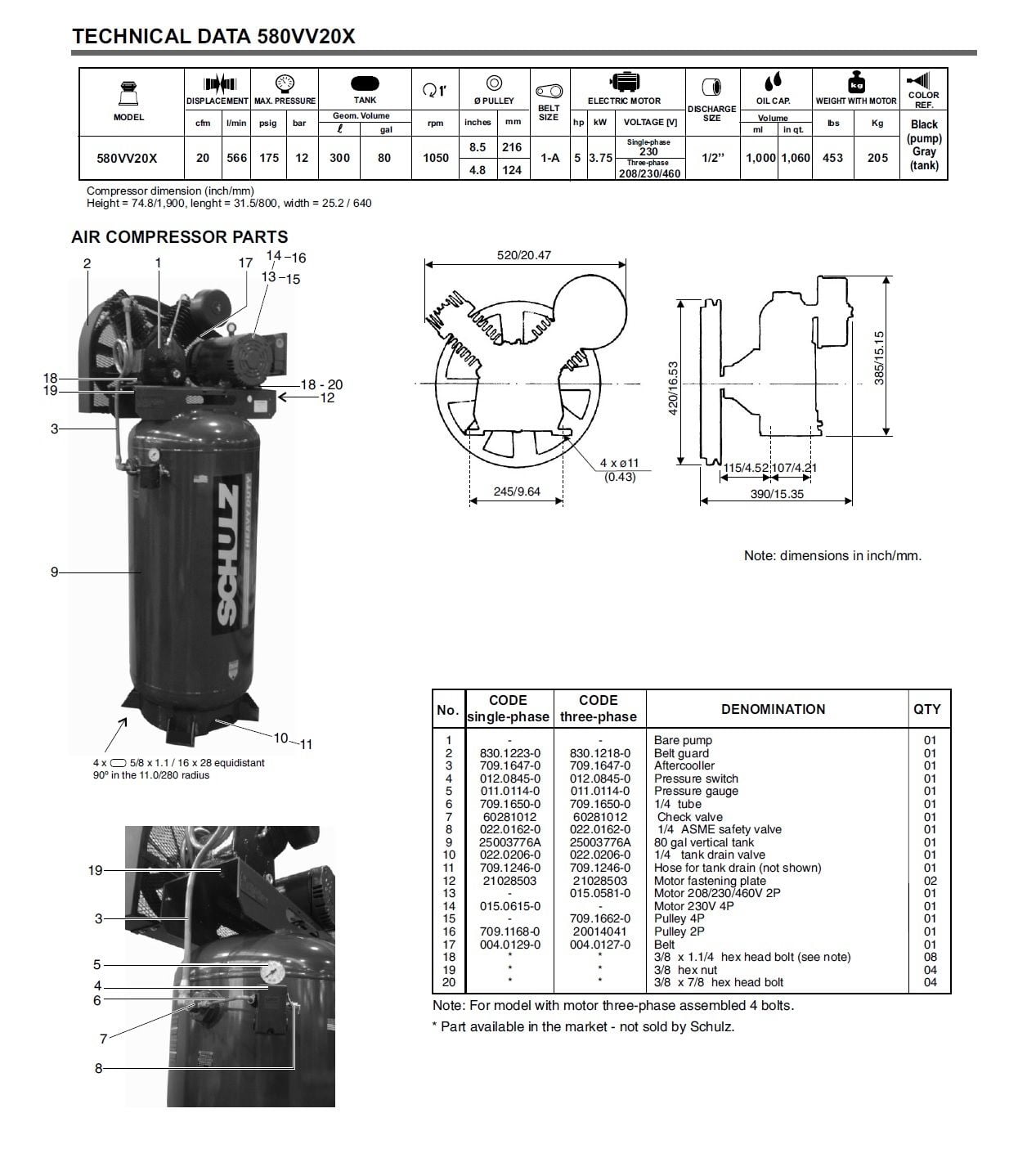 Schulz v-series 5hp 80 gallon-20 cfm- single phase 230 volts-two-stage air compressor 20 cfm 580vv20x-1 vertical
