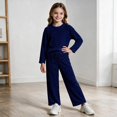 thumbnail image 5 of UKHCCC Girls Ribbed Knit 2 Piece Outfit Set, Long Sleeve Crew Neck Pullover Top and Wide Leg Pants, Casual Lounge Set, 5 of 8