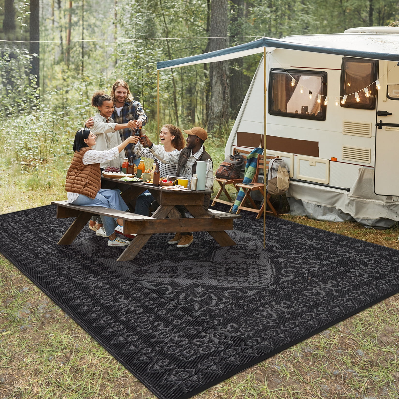 Garvee Outdoor Rug 9'x12' Waterproof Reversible Plastic Straw Rug, Indoor Outdoor Rug for Patio RV Camping Balcony Deck Backyard, Black & Gray