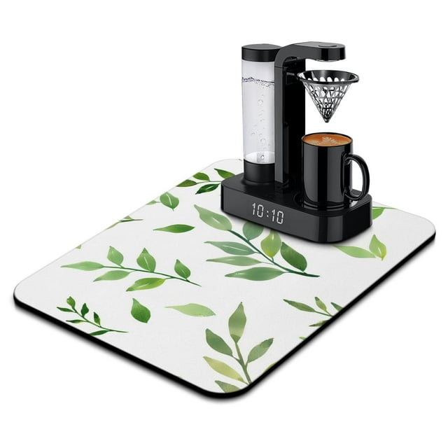 Large 18x24 Dish Drying Mat with Beautiful Sage Green Leaf Design - High Absorbency Microfiber Mat for Kitchen Counter