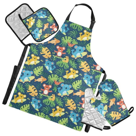 Fish Koala Leaf 5 Pcs Kitchen Set Heat Resistant Oven Mitts and Non-Slip Pot Holders with Adjustable Cooking Apron