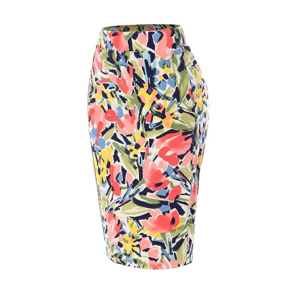 MixMatchy Women's Stretch Knee Length Midi Bodycon Flower Print Pencil Skirt