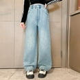 thumbnail image 2 of Gubotare Girls Jeans Strech Waist Band Jeans for Little Girls Drawstring Wide Leg Pants Daily Wearing Casual Denim Trousers Blue Size 6-7 (Blue,6-7 Years), 2 of 5