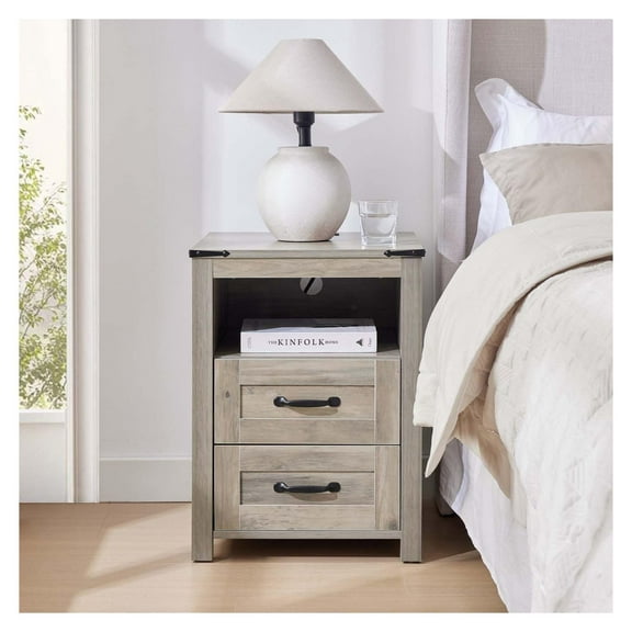 Farmhouse Nightstand, Rustic Grey Night Stand with 2 Drawers, End Table for Bedroom, Wood Bedside Dresser with Charging Station 1pcs