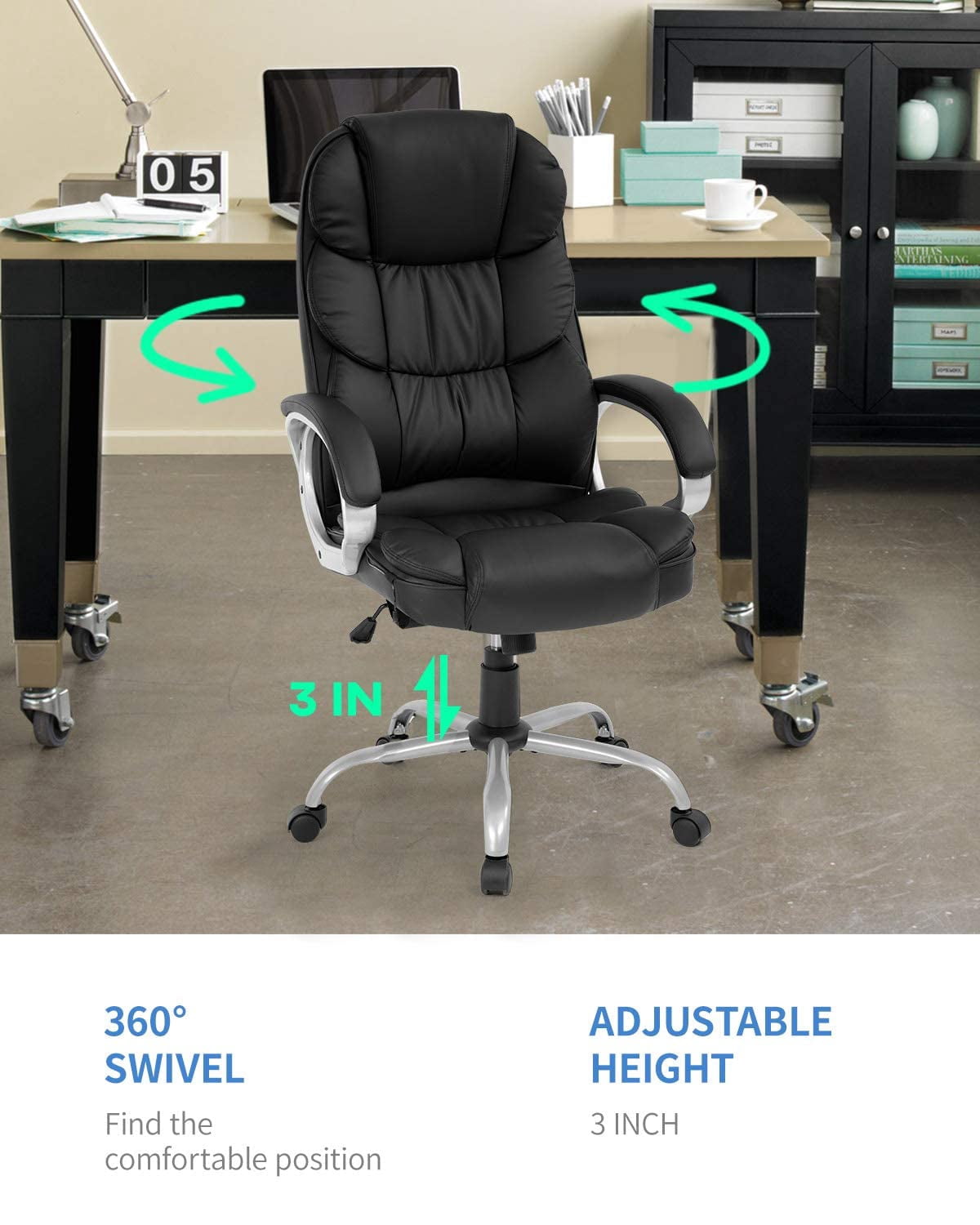FDW Black Ergonomic Office Chair - PU Leather w/Lumbar Support & Armrests