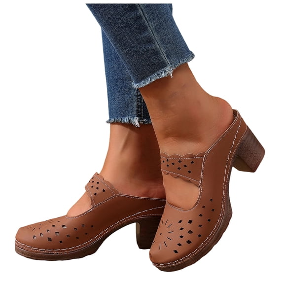 Rokment Closed Toe Sandals for Women Beach Boho Hollow out Leather Ankle Strap Platform Backless Sandals Comfortable Chunky Block High Heels Walking Clog Mules Brown Size 6.5