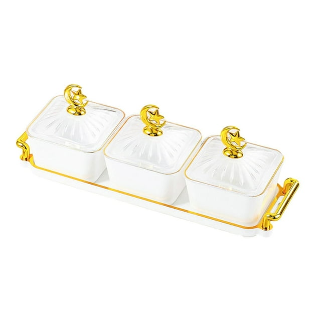 Plato dividido para aperitivos, plato para servir, caja de almacenamiento de alimentos de lujo, bandeja de frutos secos, plato de aperitivo para 3 Rejillas