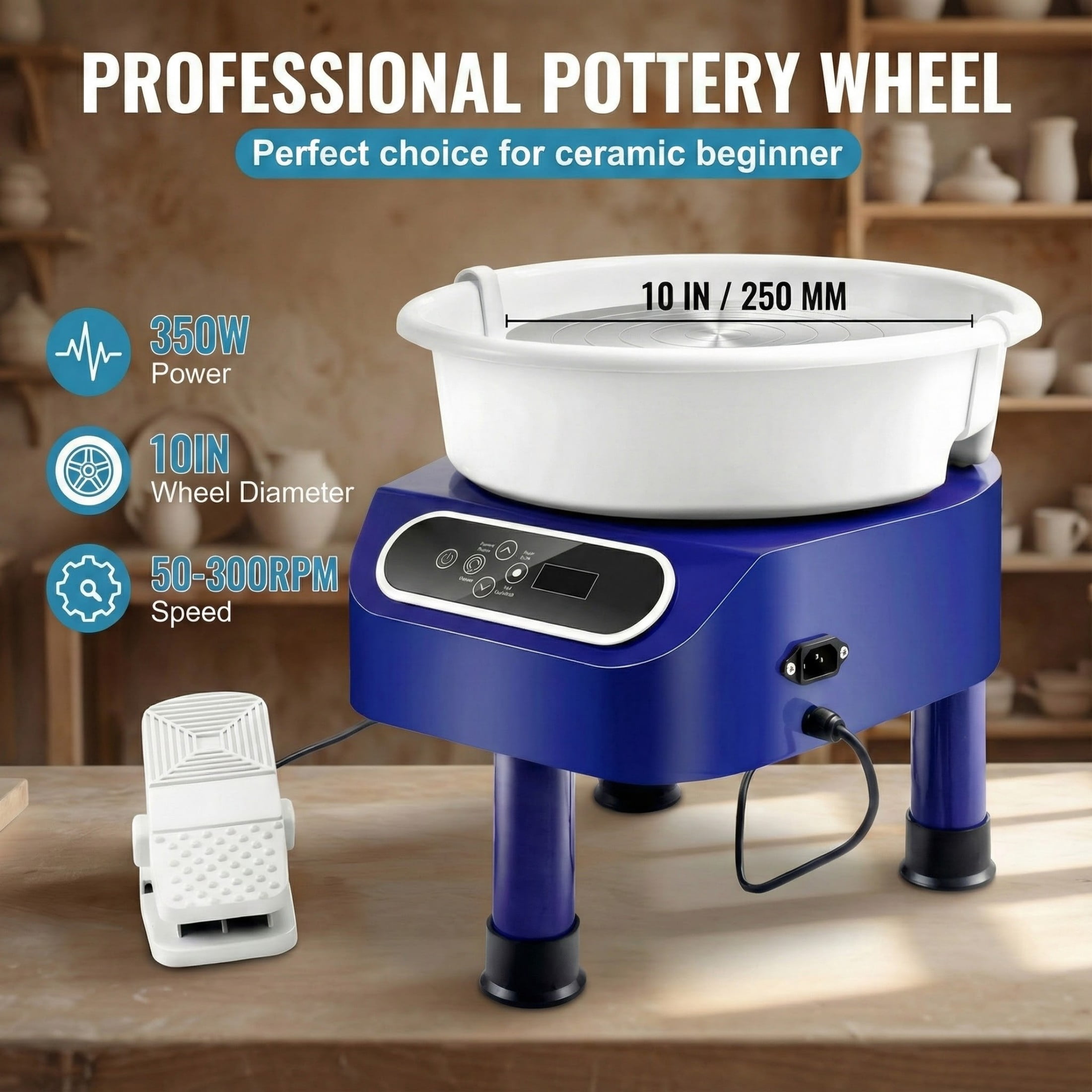 10" 350W Direct Drive Pottery Wheel, Foot Pedal & LCD Touch Screen, with 3-Leg Base for DIY Ceramics