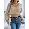 thumbnail image 3 of Women'S Cropped Sweater V-Neck Long Sleeve Crop Sweater Pullover Jumper Knit Top Khaki XL, 3 of 8