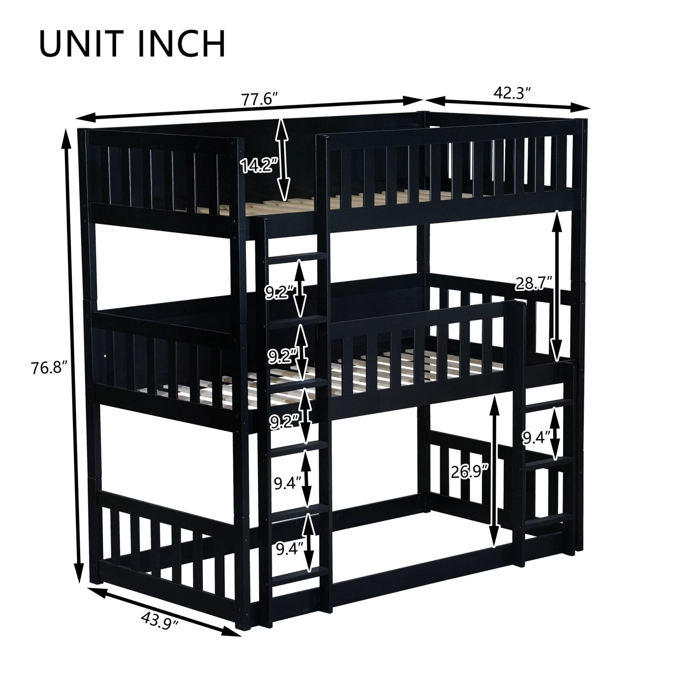 Noble House Lydia Triple Rubber Wood Bunk Bed, Convertible Twin over Twin over Twin with Guardrails and Ladders, Black