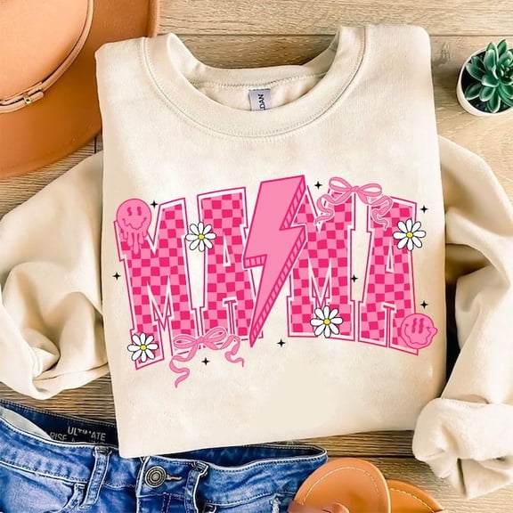Checkered Lightning Bolt Mama Sweatshirt, Pink Retro Mom Life Crewneck, Mother's Day Sweatshirt Gift for Mama