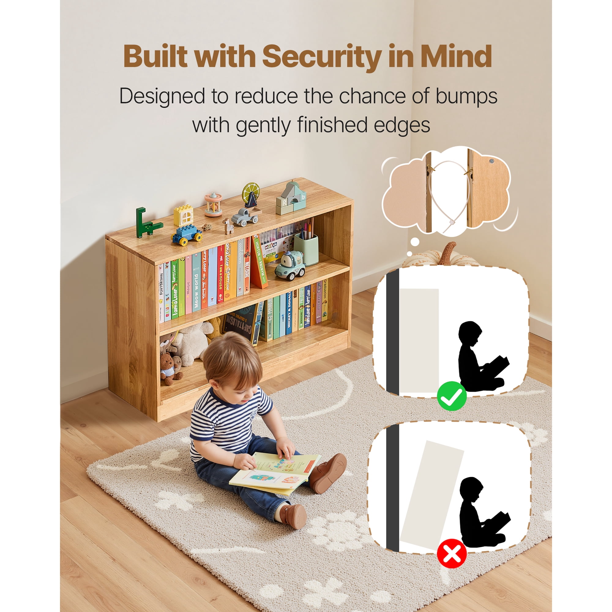 KFFKFF Montessori Bookshelf, 35.4-inch Wide Toy Organizer, 2-Tier Children's Display Cabinet, Daycare Furniture, Kids Storage Shelf for Bedroom, Nursery, Living Room, Entryway, Preschool, Brown