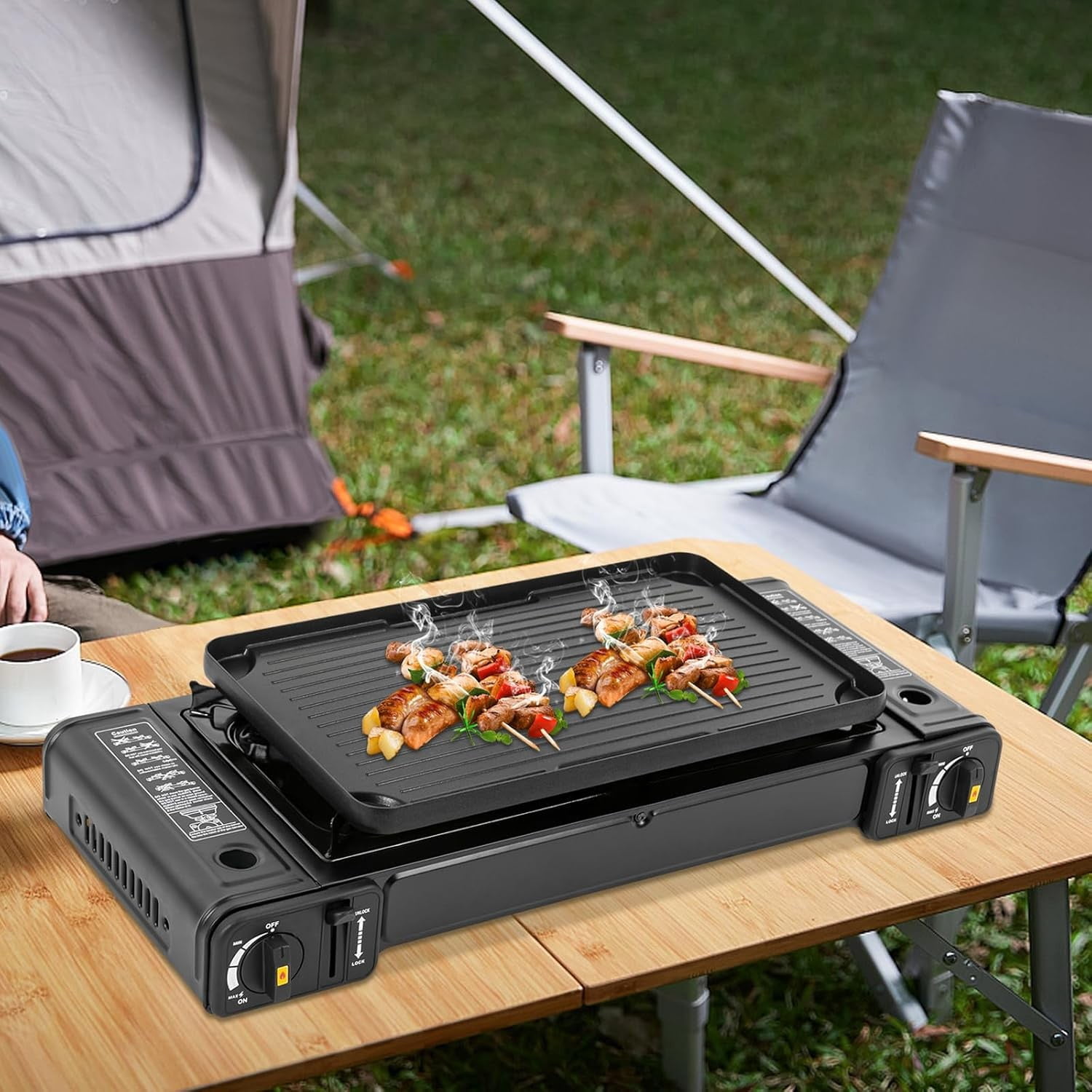 Portable Butane Camping Stove 2 Burners Gas Stove with Grill Tray and Storage Case Double Auto Ignition Cooktop Camping Burner for Home, Camping, Outdoor, Rv