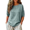 thumbnail image 2 of Helii Women's Cotton Linen Blouse – 3/4 Lantern Sleeve Round Neck Top, Plus Size Loose Fit Tunic with Drawstring Hem, Breathable Summer Shirt for Casual Vacation Green,XXXXL, 2 of 9