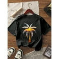 thumbnail image 3 of 1pc Girls Oversized Palm Tree Print Pullover Navy Blue Short Sleeve T-Shirt, Student Youth Clothing Perfect For Beach Playtime In Summer, 3 of 6