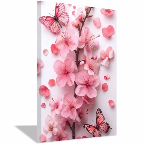 Mudket Framed,Pink Flower Canvas Wall Art,Ready to Hang,Cherry Blossom Branch with Pink Butterflies Floral Print, Botanical Wall Decor, for Living Room Bathroom Office Decor - 12"L x 8"W