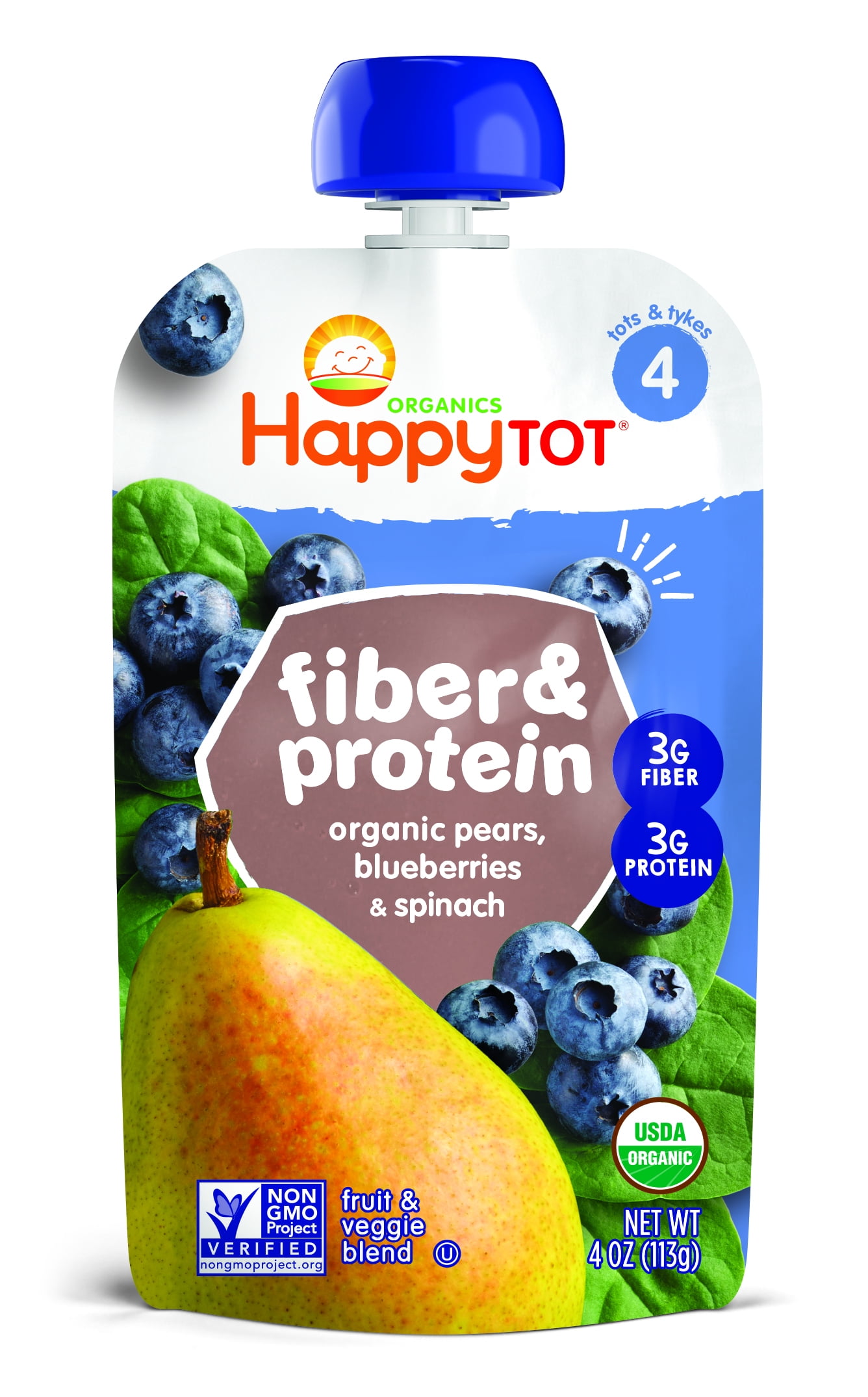 Happy Tot Organic Toddler Baby Food, Pear Blueberry & Spinach, 4 oz Pouch
