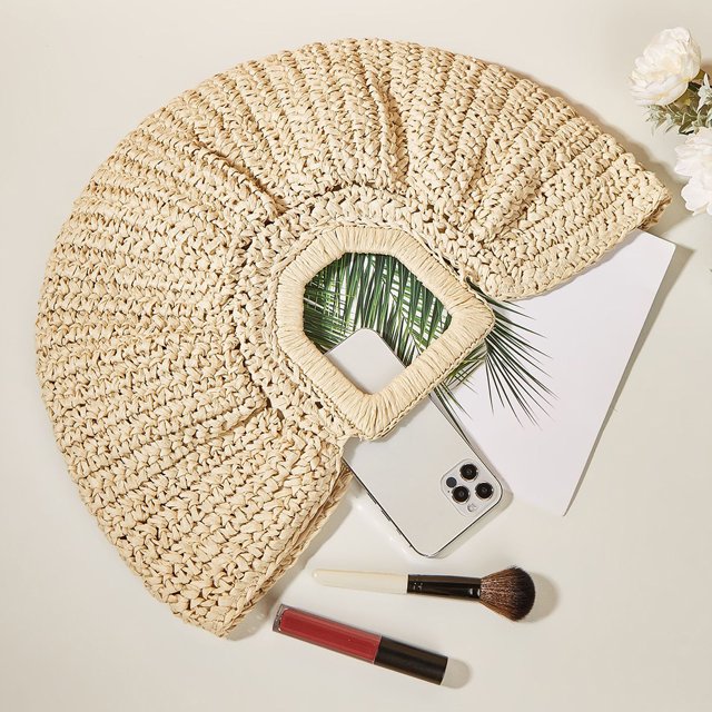 Bolso de playa de señora de verano Bolso tejido a mano vintage en forma de luna para viajes (Beige)