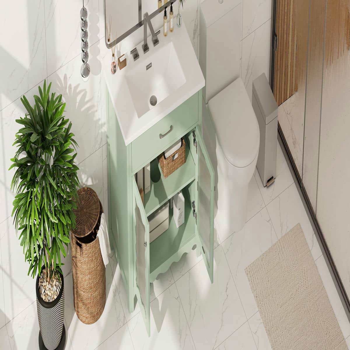 Spaco 31" Bathroom Vanity with Tempered Glass, Modern Bathroom Cabinet with Rubber Wood Legs and Soft Close Doors for Indoor, Green