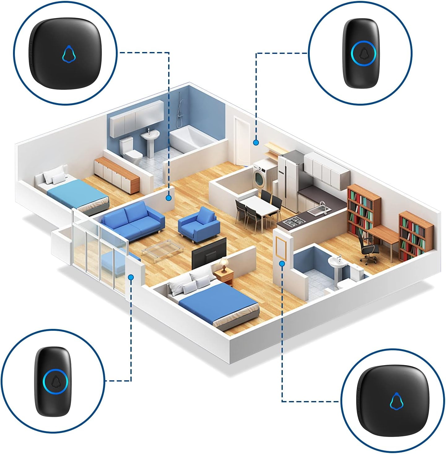 Wireless Doorbell, Easy installation, Waterproof, Adjustable Volume, 58 Chimes, Colorful LED, 1000Ft Range, M520+F55, Black