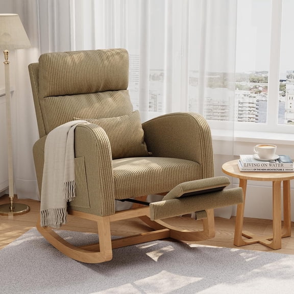 Corduroy Rocking Chair with Extendable Footrest Nursery Glider with Side Pockets and Pillow High-Back Support Brown