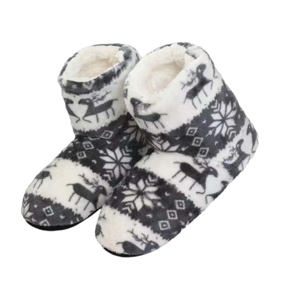 Wancir Fluffy Christmas Deer Slipper Plush Boots Ladies Indoor Outdoor Ankle Bootie Thermal Warm Shoes for Girls Women Fleece Thicken Cotton Slippers Anti-Slip Sole Winter Booties Cosy Home
