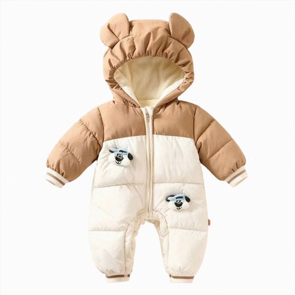 6-12 Months Newborn Baby Winter Snowsuit Bear Ear Hooded Padded Romper Fleece Lined Color Block Zipper Jumpsuit Infant Cold Weather Outfit