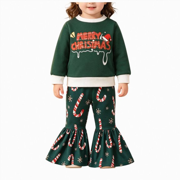 Xyant Toddler Baby Girl Christmas Outfit Long Sleeve Letter Sweatshirt Tops Bell Bottom Pants Set Christmas Baby Clothes,Size 18-24 Months
