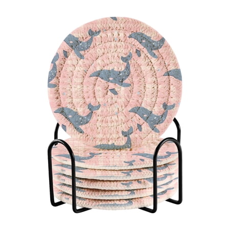 Whales Cartoon Drinking Coasters Cup Mat with Holder for Kitchen Cafe Bar 6 Packs