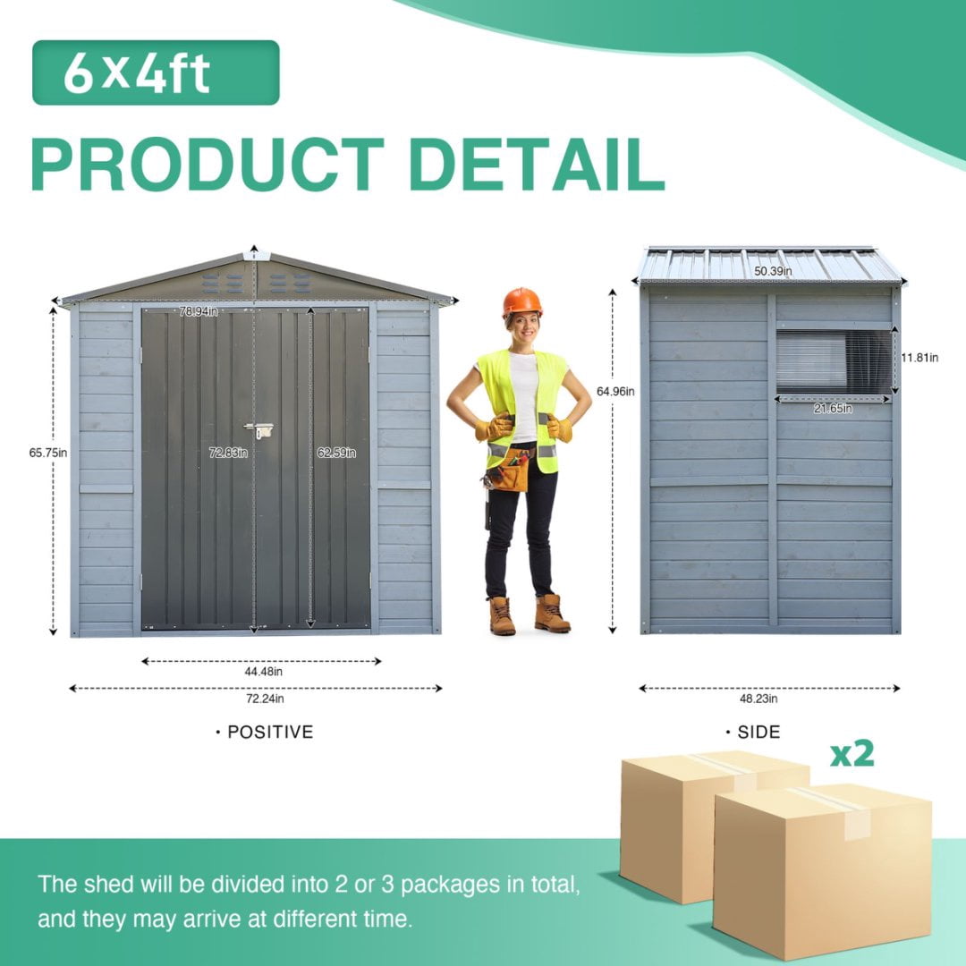 Fehomix 4x6 FT Outdoor Storage Shed, Iron-Wood Combination Tool Shed with Windows, All-Weather Garden Shed for Lawn Tools, Bike & Patio Furniture Storage - Easy Assembly