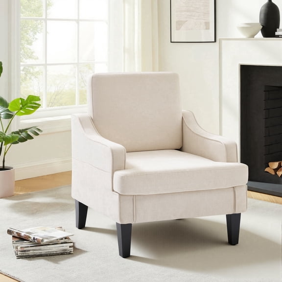 Mid Century Modern Upholstered Accent Chair with Armrests and Side Pocket, Chenille Fabric, Solid Wood Legs, Comfy Reading Seat for Living Room, Bedroom, Beige