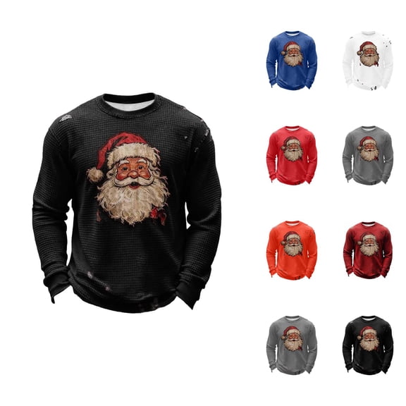 Christmas Shirts for Men Long Sleeve Casual Crewneck Santa Claus Graphic Distressed Waffle Shirt Holiday Party Shirts