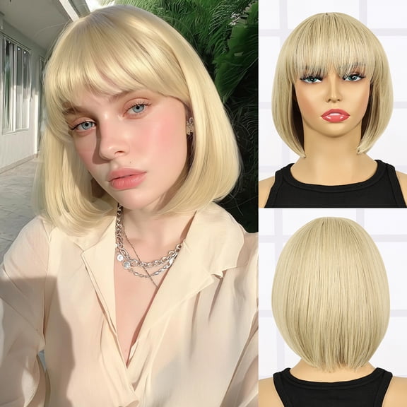 【Natural Look】PHOCAS Blonde Bob Wig with Bangs, Heat Resistant Synthetic Short Wig for Women, Daily Wear 10 Inch
