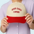 thumbnail image 4 of Jesus Saves I Spend Embroidered Trucker Hat, Funny Christian Quote Baseball Cap, Adjustable Snapback Hat for Men and Women, Perfect for Casual Wear, Parties, and Gift Ideas, 4 of 5
