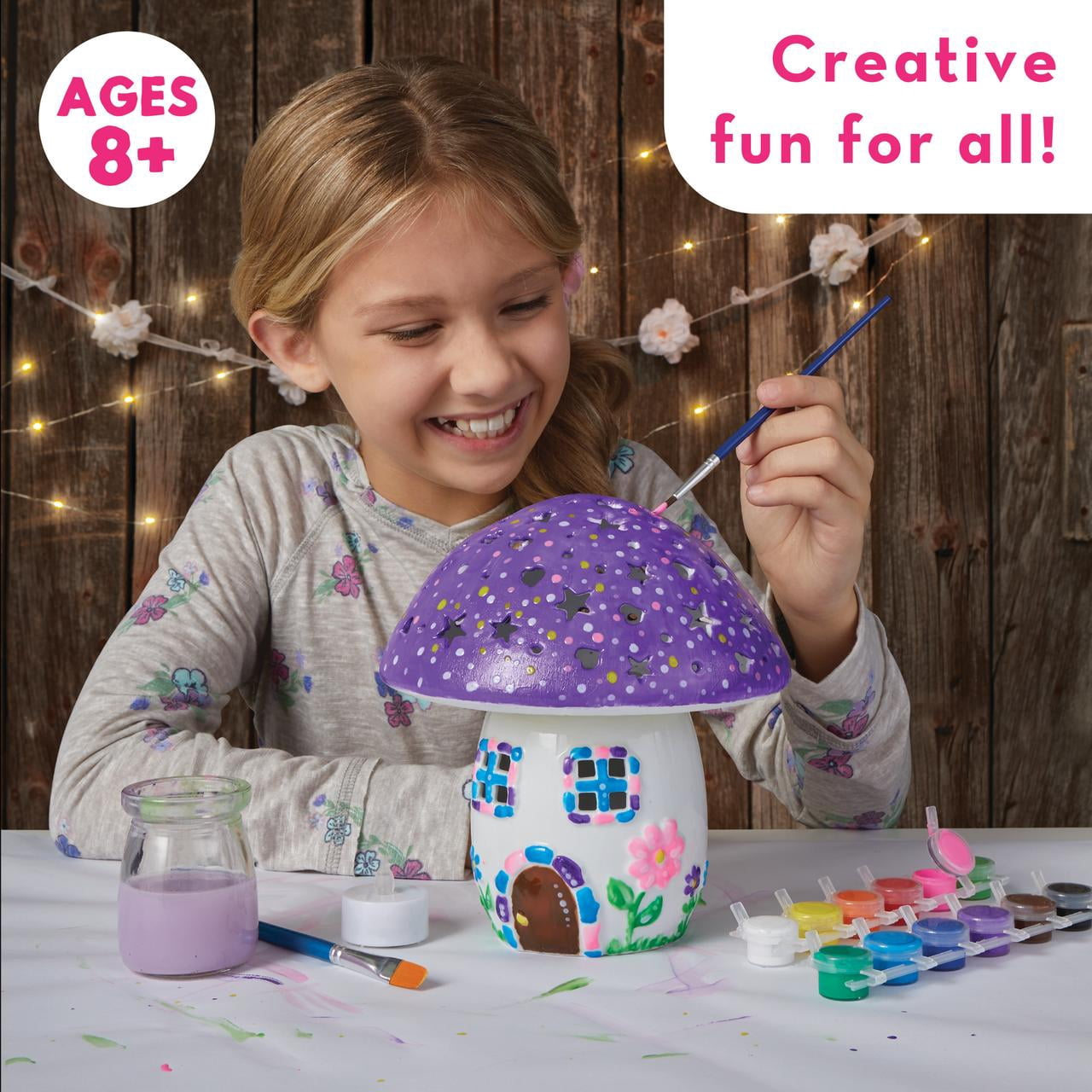 MindWare Paint Your Own Fairy Mushroom House Light, Craft Kit Includes 2 Tea Lights, Paint, Brushes and Instruction Guide
