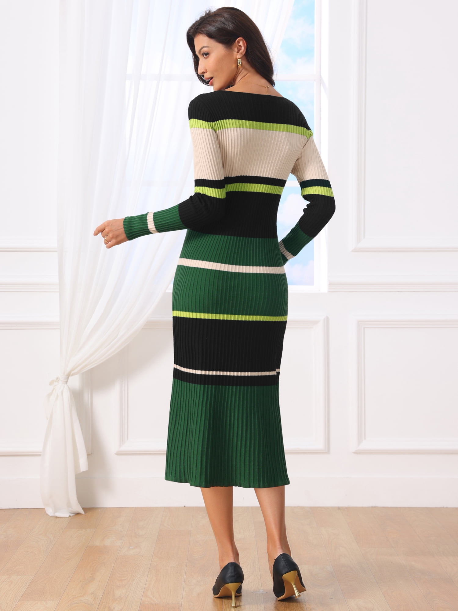 DARING DIVA Women's Striped Long Sleeve Ribbed Knit Bodycon Dress S Green
