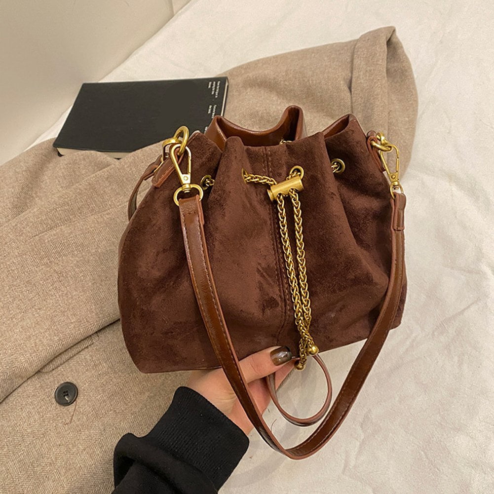 Jiibva Soft Suede Crossbody Bags Drawstring Bucket Purse For Women Thread String Women's Handbags