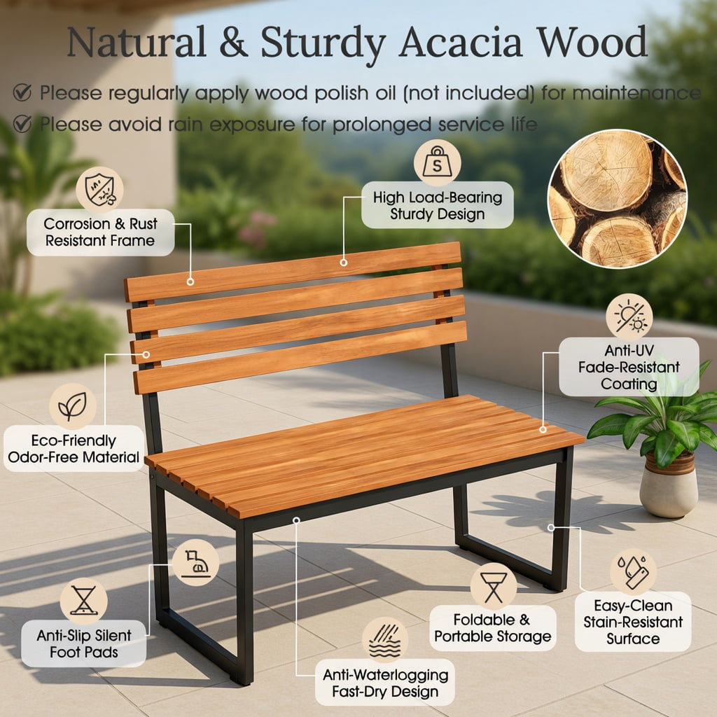 Hommoo Acacia Wood Outdoor Patio Loveseat Bench with Backrest & Heavy-Duty Steel Frame, Dual-Tone, 43" Wide, Black