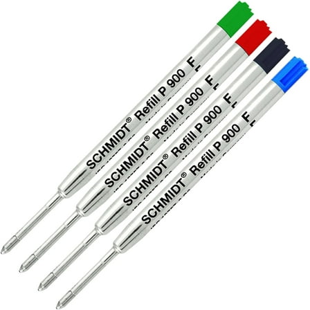 Schmidt P900 Green, Red, Black, Blue Parker Style Ballpoint Refill, Fine Tip 0.6mm - Pack of 4