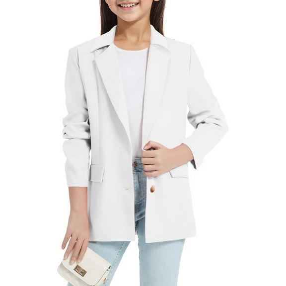 Wangmeiwg Stylish Girls Long Sleeve Open Front Jacket with Notched Lapel Collar and Inner Pocket for Casual Wear 3-4 Years White