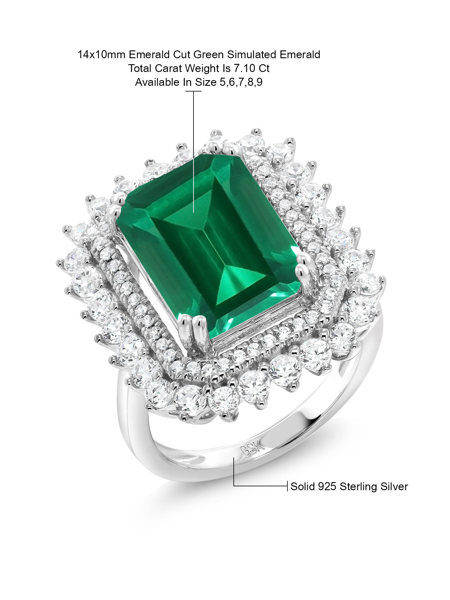 Available 5,6,7,8,9 Gem Stone King 925 Sterling Silver Green Simulated Emerald Womens Ring 7.10 Ct Emerald Cut Available in 