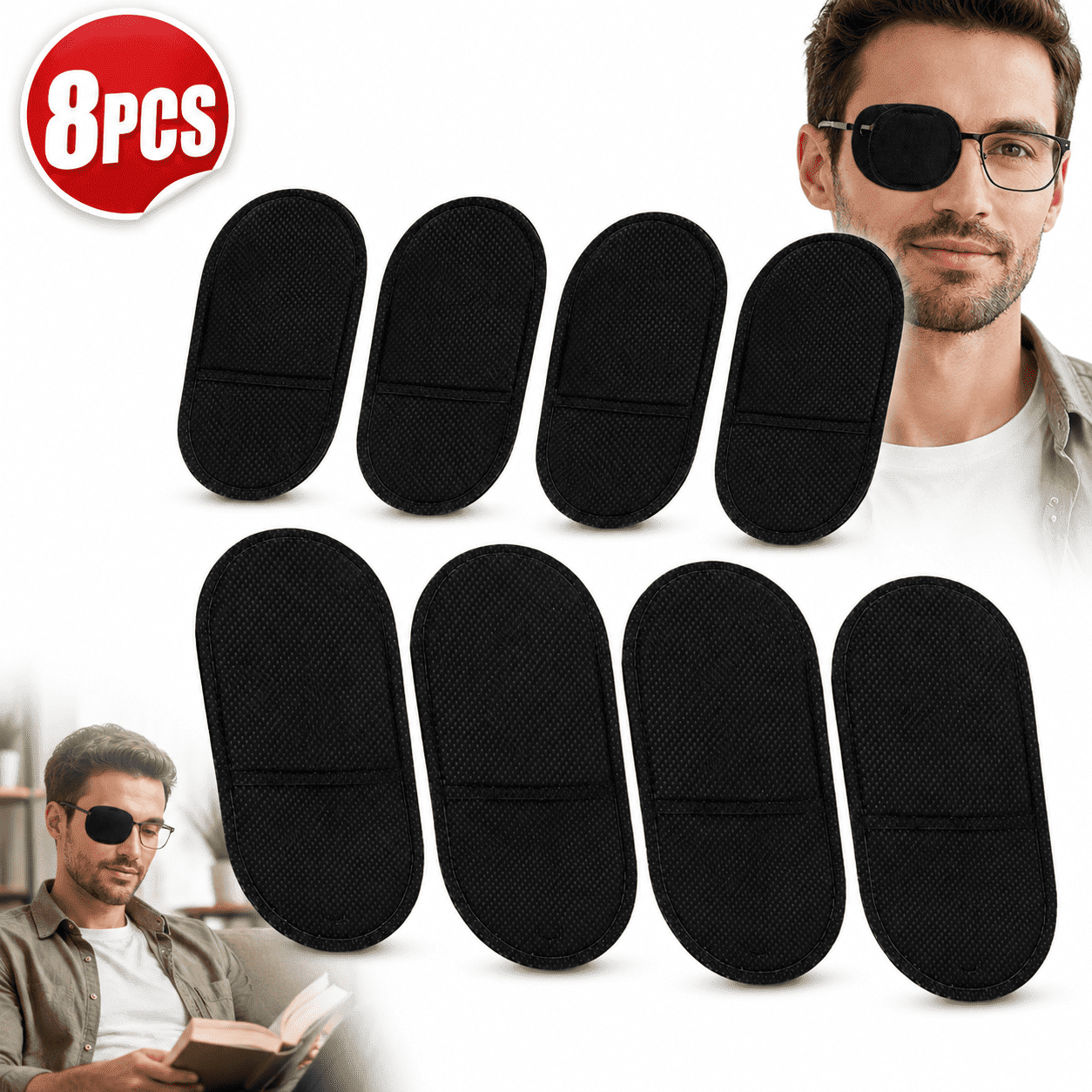 Eye Patch For Glasses, Black Eye Patch for Men, Emlimny Eyeglasses Patch for Left or Right Eye, Lightweight Non-Woven Light Blocker, Fits Over Eyewear, 8 Pcs (4 Standard + 4 Large)