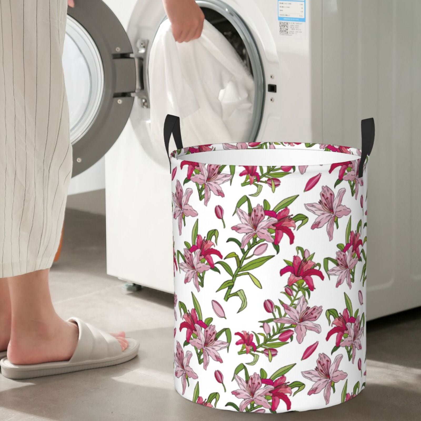 Large Laundry Basket with Handles - Red Pink Lilies Flowers Kids Baby Dirty Clothes Laundry Hamper for Bedroom Aesthetic